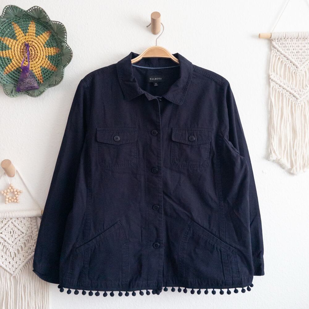 Talbots Navy Blue Pompom Trim Lightweight Jacket Size XL
